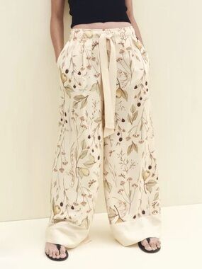 H&M Cream Floral Wide-Leg Tie-Waist Pants